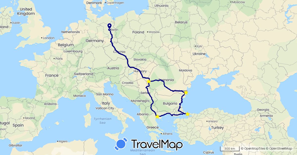 TravelMap itinerary: driving in Bulgaria, Germany, Greece, Romania, Turkey (Asia, Europe)